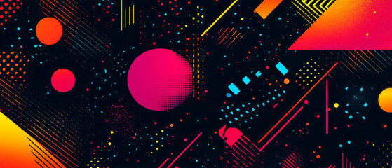 Leinwandbilder - Vibrant geometric shapes inspired by 80s design with neon colors and textured influence
