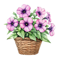 Canvas Print - A watercolor vector of a petunia bouquet in a basket, showcasing colorful petunia blooms and lush green leaves, isolated on a white background. Bouquet vector.
