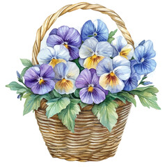 Canvas Print - A watercolor of a pansy bouquet in a basket, featuring pansy flowers in vibrant shades and fresh greenery, isolated on a white background. Bouquet vector.
