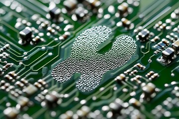 Poster - Abstract Technology Background Green Circuit Board Detailed Macro Image High Resolution Silver Texture Electronic Component Design Innovation Digital Industry Modern     