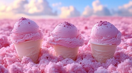 Three pink ice cream cones on a fluffy pink landscape under a serene blue sky