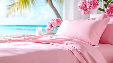 Canvas Print -   A cozy bedroom with pink linens beside an oceanic window and swaying palm tree