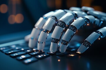 Poster - Robotic Hand Typing on Laptop Keyboard Futuristic Technology Digital Innovation Artificial Intelligence Advanced Robotic Arm Close Up Modern Machine Learning Cybernetic  