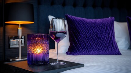 Wall Mural -   A glass of wine sits atop a table beside a nightstand with a lit candle