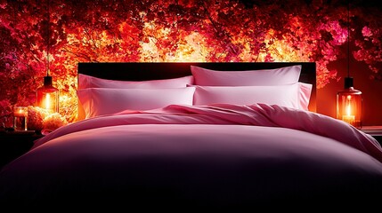 Poster -  A pink comforter covers the bed, while a nightstand with a lamp and wine bottle rest nearby