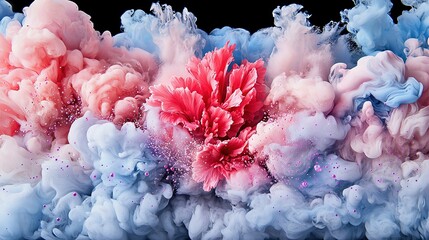 Wall Mural -  A collection of pink and blue smokes against a dark backdrop, featuring a central pink blossom within the haze