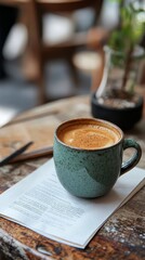 Wall Mural - Warm cup of coffee on rustic wooden table with empty notepad and sunlight filtering through leaves