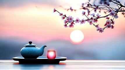 Wall Mural - a teapot sits atop a plate beside a tea cup on a table near a tree