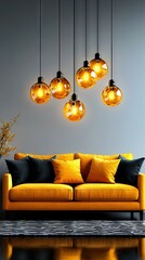 Poster -   A living room with a yellow couch under a ceiling adorned with lights