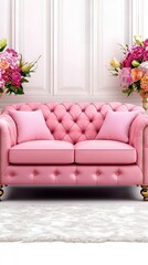 Wall Mural -   A pink couch sits in a living room with a vase of flowers nearby, and a vase of flowers on a table