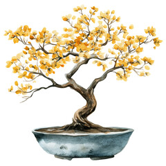 Canvas Print - A watercolor painting of a Golden Bell Tree bonsai, isolated on a white background. Golden Bell Tree Bonsai vector.
