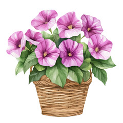 Wall Mural - A watercolor drawing of a Gloxinia bouquet in a basket, isolated on a white background. Gloxinia bouquet vector.
