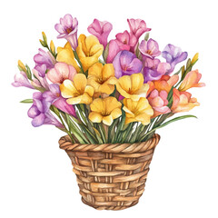 Wall Mural - A watercolor of a Freesia bouquet in a basket, isolated on a white background. Freesia bouquet vector.
