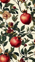 Wall Mural - Pomegranate pattern showcasing vibrant fruits and lush leaves in botanical design