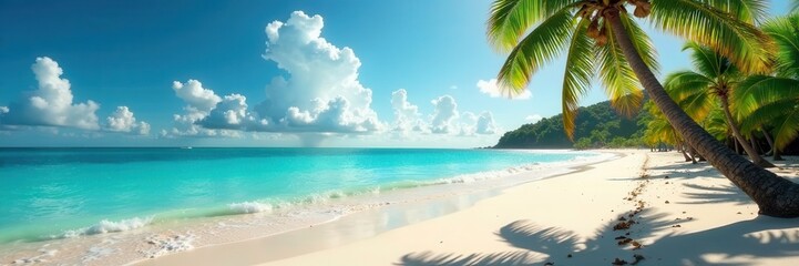 Wall Mural - sun-drenched sands meet turquoise waves, palm trees sway gently , golden, sun