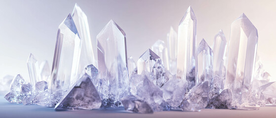 Poster - Clear quartz crystals showcasing multifaceted surfaces and transparent beauty in natural arrangement