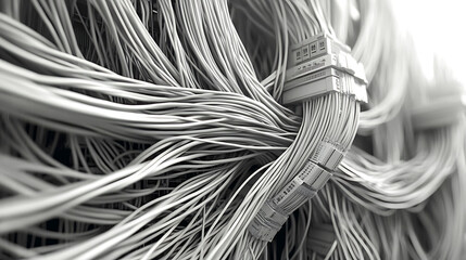 Poster - Abstract grayscale image of a tangled mass of cables and connectors.  Perfect for illustrating concepts of connectivity, technology, networking, data, or complexity.