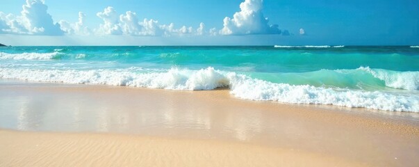 Wall Mural - expansive sandy beach, turquoise waves crash on shore, perspective, sea