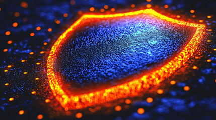 Poster - abstract glowing shield, vibrant blue and orange hues. perfect for tech, security, or energy concept