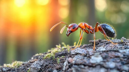 Red ant on tree bark at sunset, forest background. Nature macro photography for wildlife websites