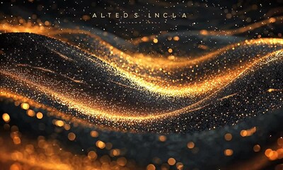 Wall Mural - Abstract golden wave pattern with shimmering particles flowing against a dark background, ideal for digital art and design