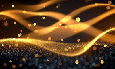 Wall Mural - Abstract golden waves with shimmering particles flowing gracefully in a dark background, creating a festive atmosphere