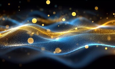Wall Mural - Abstract waves of blue and gold light particles gracefully flowing through a dark background, creating a mesmerizing visual effect