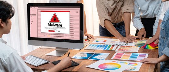 Leinwandbilder - Cyber attacking concept. Malware alert showing on computer screen display scam and threat detection on computer system or online server to be removed brisk.