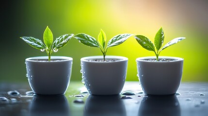 Wall Mural - seedlings in cups in drops of water. Selective focus