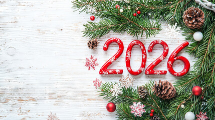 Wall Mural - Festive 2026 Christmas Art with Red Numbers and Snowflakes on Wooden Background. Concept of Holiday Season, Winter Festivities, Year of Celebration. Copy Space