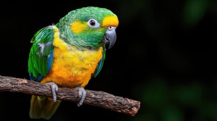 Yellow-chevroned parrot perched on branch, dark background, nature wildlife