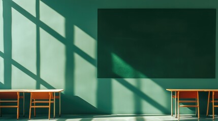 Poster - A bright classroom featuring green walls, wooden desks, and a large chalkboard.