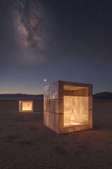 Poster - Illuminated stone cubes under the starry sky in a desert landscape at night with the Milky Way visible