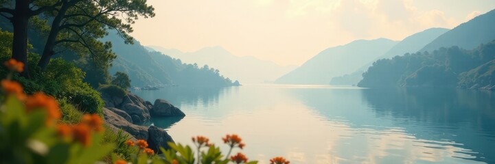 Wall Mural - distant shoreline, hazy water, blurred foliage, bokeh, spring