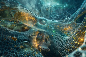 Poster - An abstract interpretation of nanoscience, Abstract microscopic organic surface covered with glowing particles
