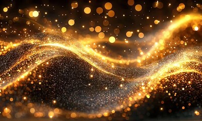 Wall Mural - Golden shimmering waves of light create a magical atmosphere over a rustic wooden surface, evoking warmth and elegance