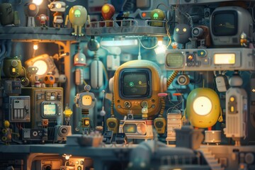 Poster - Colorful futuristic robots and gadgets in a dimly lit workshop, A whimsical version of Internet of Things with connected device characters