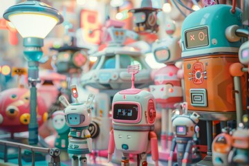 Poster - Colorful futuristic robots and gadgets in a dimly lit workshop, A whimsical version of Internet of Things with connected device characters