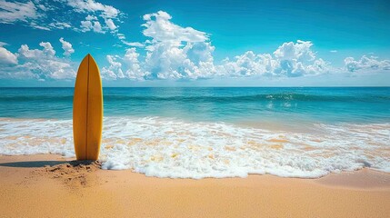 Yellow Surfboard Standing Upright on Sandy Beach with Ocean Waves and Clear Blue Sky