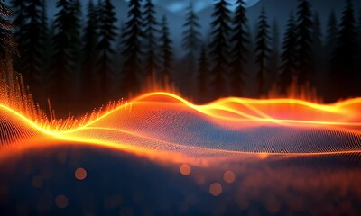 Wall Mural - Abstract visualization of sound waves in a forest setting, with glowing orange lines against a dark background