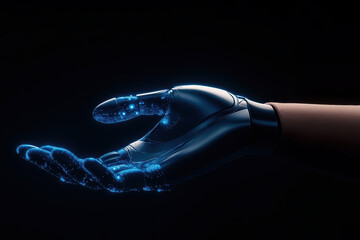 Poster - Futuristic robotic hand displaying glowing lights in a dark setting
