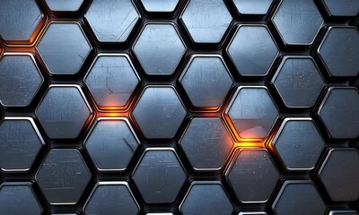 Wall Mural - Close-up view of a modern metallic hexagonal pattern with glowing accents, creating a futuristic industrial aesthetic