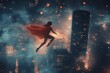 © Татьяна Евдокимова - Superhero with red cape flying over dark city with glowing particles at night, digital illustration
