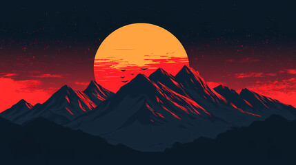 Poster - The sun sets behind the majestic mountain range, painting the sky crimson in its wake. Crimson Mountain. Illustration