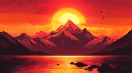 Poster - The sun sets behind the majestic mountain range, painting the sky crimson in its wake. Crimson Mountain. Illustration