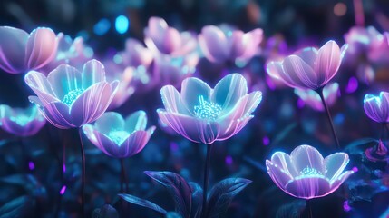 glowing neon flowers in a dark field at night.