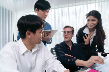 Fototapete - Group of diverse office worker employee working together on strategic business marketing planning in corporate office room. Positive teamwork in business workplace concept. Prudent