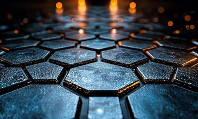 Wall Mural - Close-up view of a hexagonal pattern surface reflecting light, creating an abstract design ideal for modern backgrounds