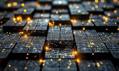 Wall Mural - Abstract close-up of textured black cubes with glowing orange particles, creating a futuristic digital landscape
