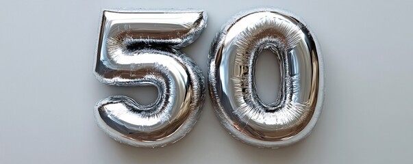 Poster - Silver balloons forming number fifty on white background